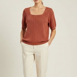 Reitmans Cotton Terracotta Knit Short Sleeve Top Sweater Pointelle Crochet XL